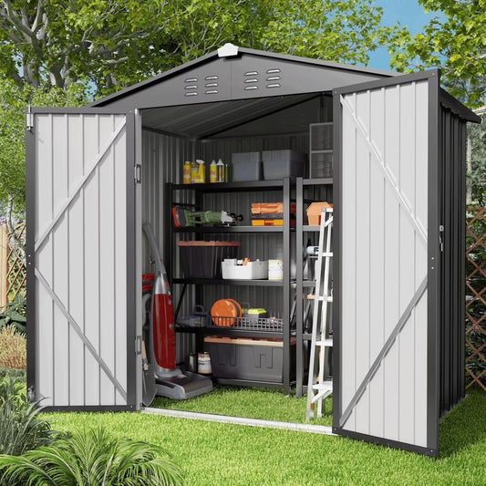 Lofka 6 x 4 FT Galvanized Metal Outdoor Storage Shed with Double Lockable Doors and Air Vents for Patio, Garden, Backyard, Lawn, Dark Gray