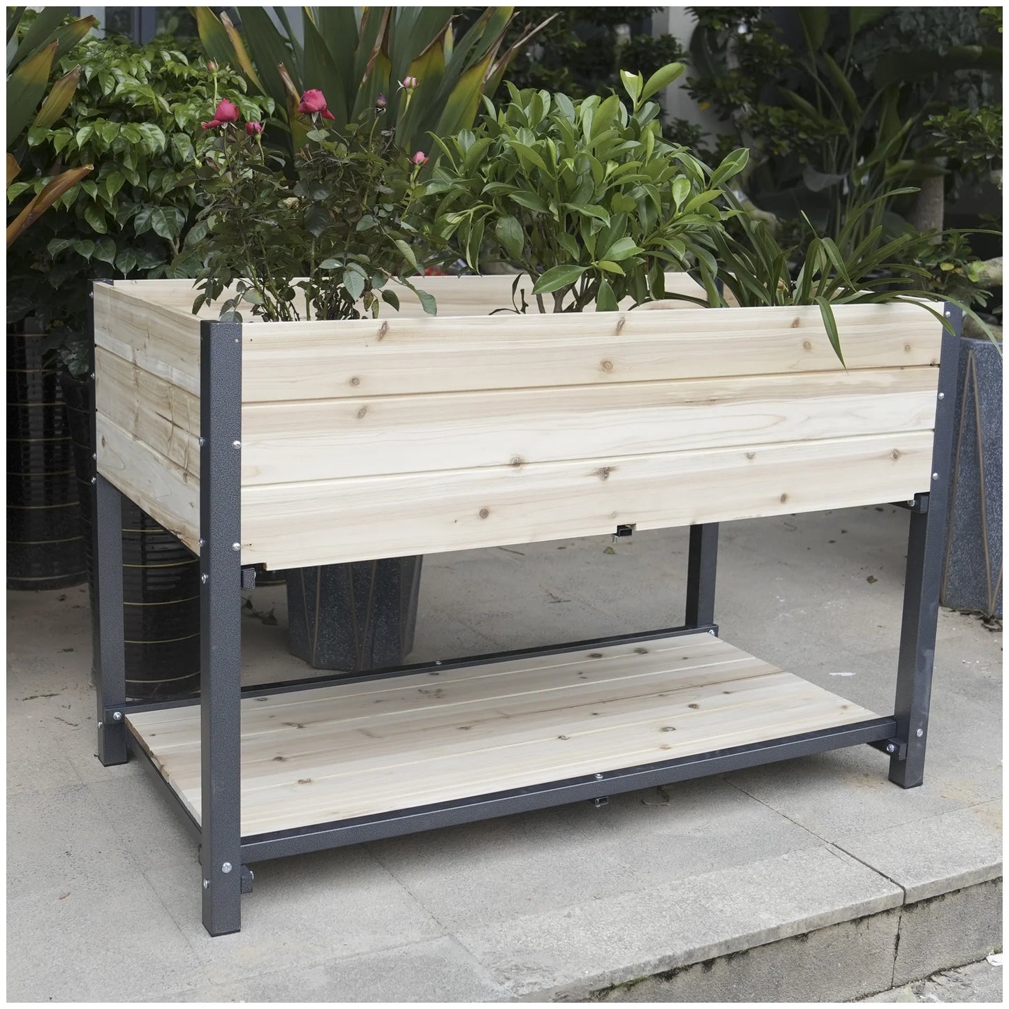 Durable Raised Garden Bed with Iron Frame and Solid Wood Panels, Elevated Planter Box for Patio, Balcony, Outdoor Gardening