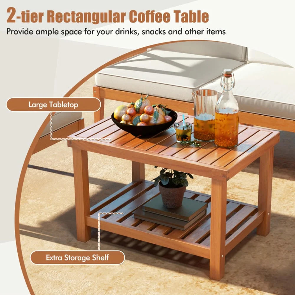 Kepooman Outdoor Conversation Sets,Patio Furniture Sets,6 Pieces Acacia Wood Patio Furniture Set with Cushions and 2-Tier Coffee Table-White