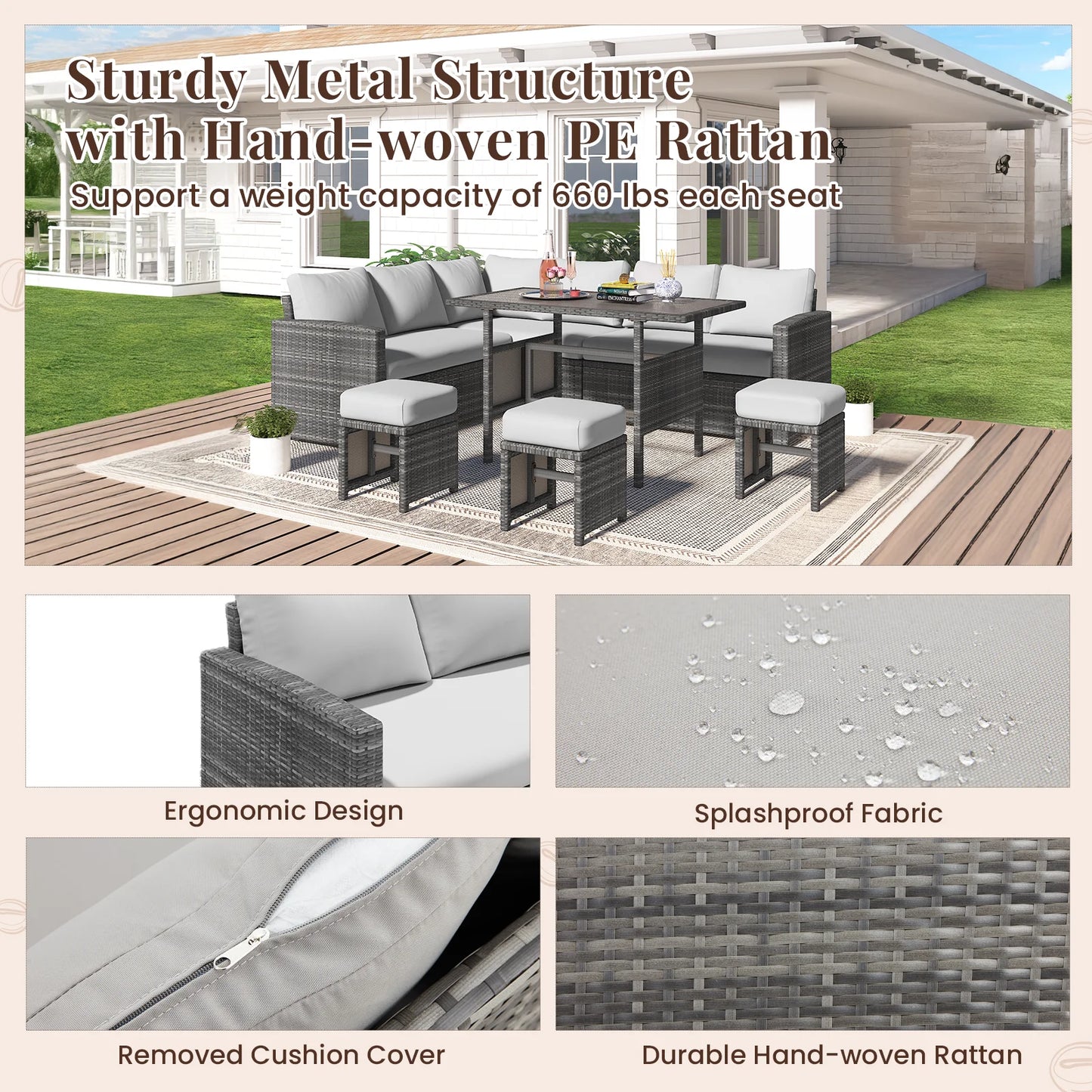 AECOJOY 7 Piece Patio Furniture Set PE Rattan Outdoor Dining Set Sectional Sofa Couch with Table Patio Conversation Set in Gray