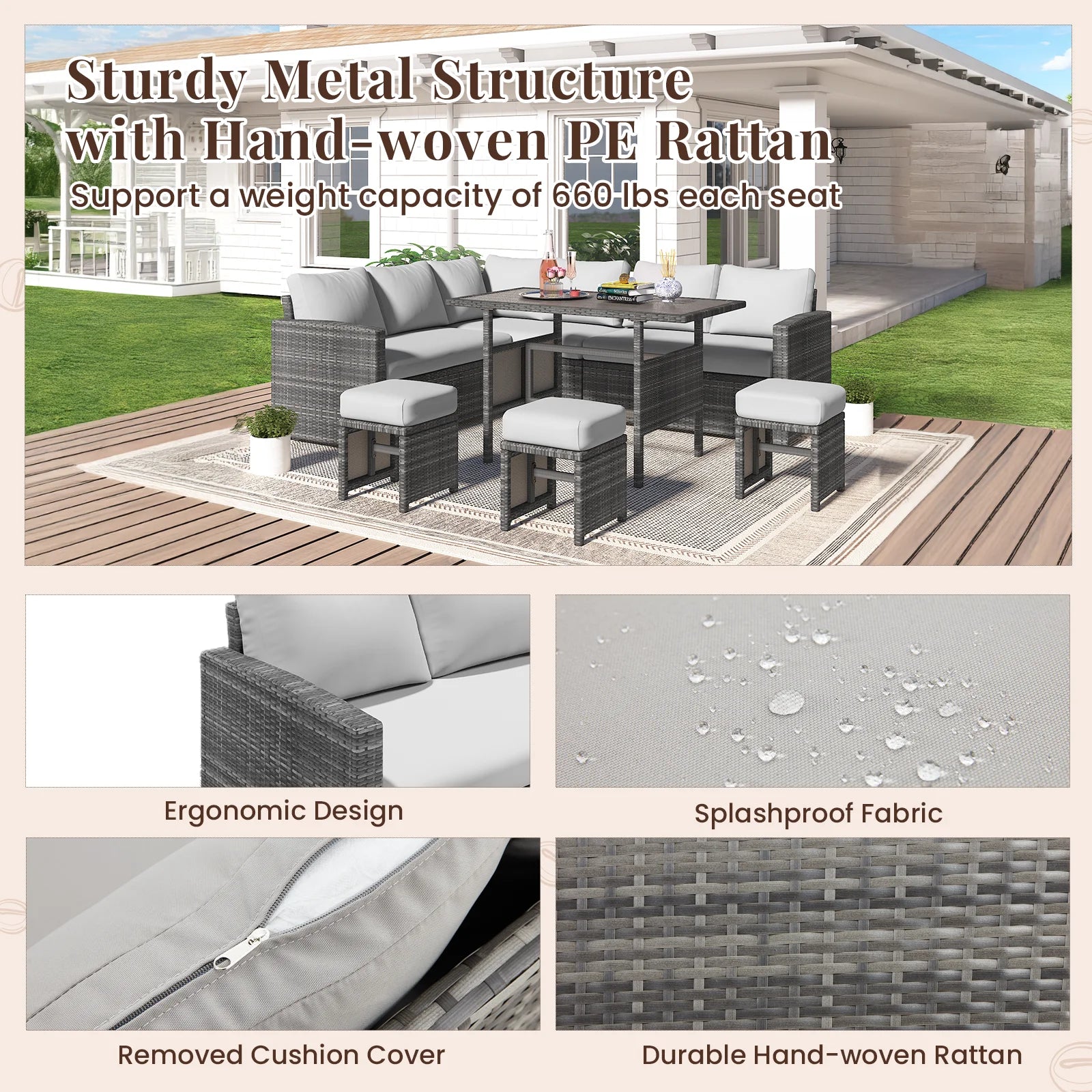 AECOJOY 7 Piece Patio Furniture Set PE Rattan Outdoor Dining Set Sectional Sofa Couch with Table Patio Conversation Set in Gray