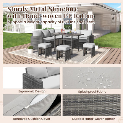 AECOJOY 7 Piece Patio Furniture Set PE Rattan Outdoor Dining Set Sectional Sofa Couch with Table Patio Conversation Set in Gray