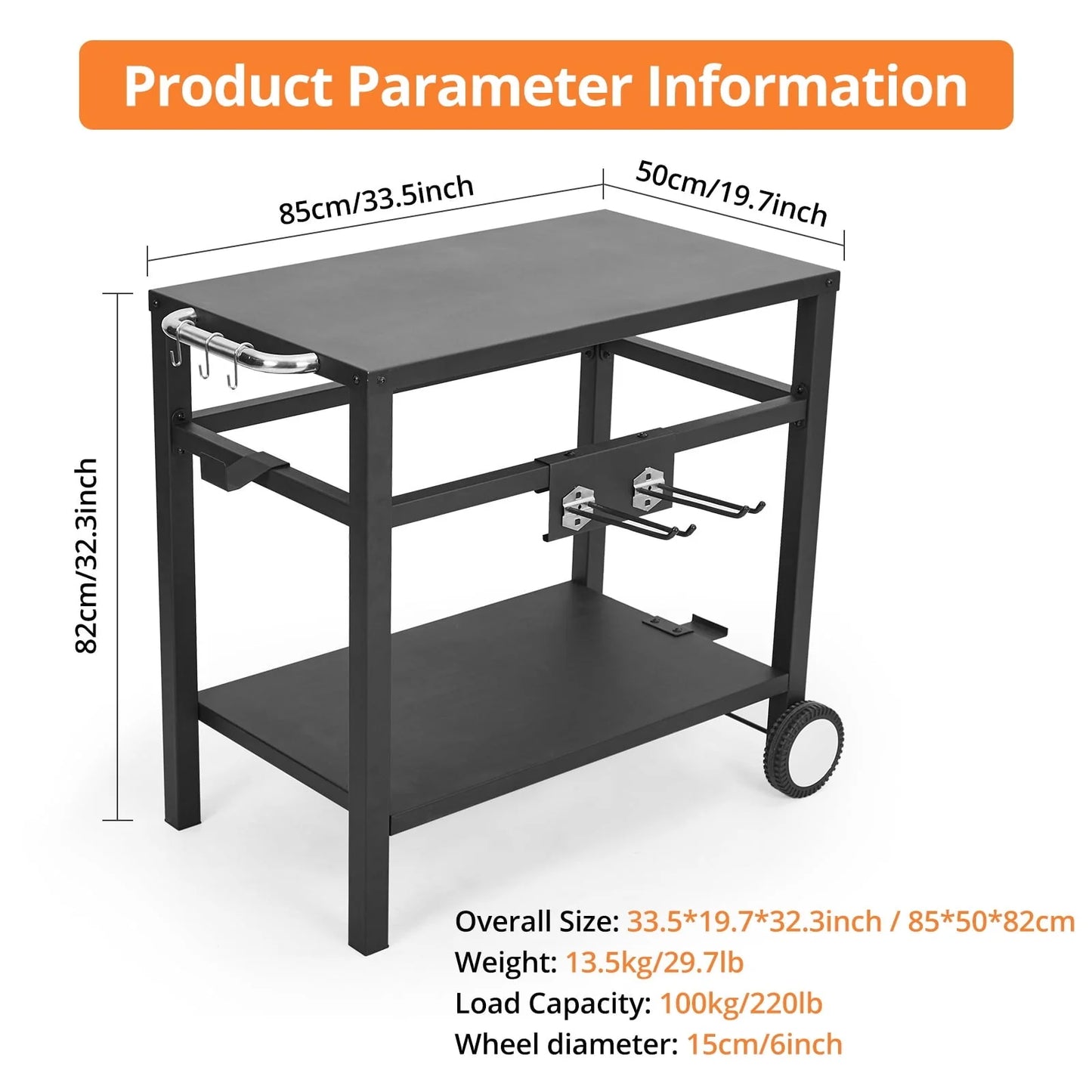 Grill Cart with Wheels & Hooks, Double-Shelf Outdoor Movable Dining Cart Table for Bar Patio Camping Home Cooking Table for Outdoors