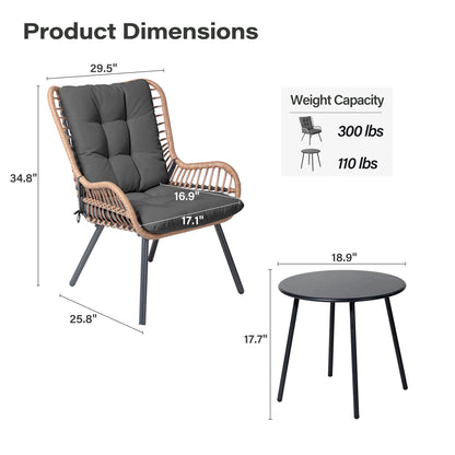 LAUSAINT HOME 3-Piece Patio Furniture Set, High Back Outdoor Bistro with Coffee Table & Beige Cushions for Garden or Deck