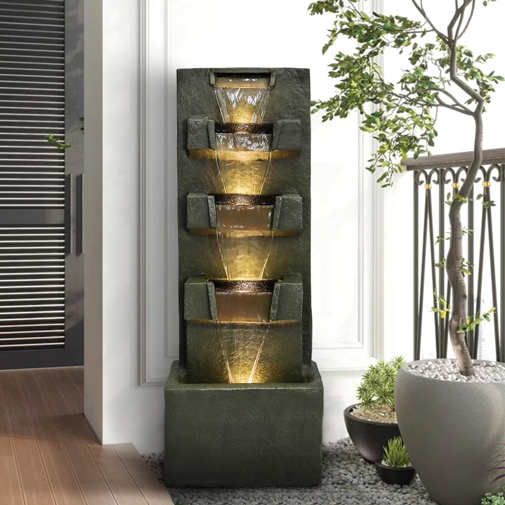 39.3-in High Floor Waterfall Fountain with LED Lights 5-Tier Water Fountain Outdoor Indoor Fiber Reinforced Concrete Fountain for Modern Patio Decor Garden, House, Office, Garden, Home Art Decor