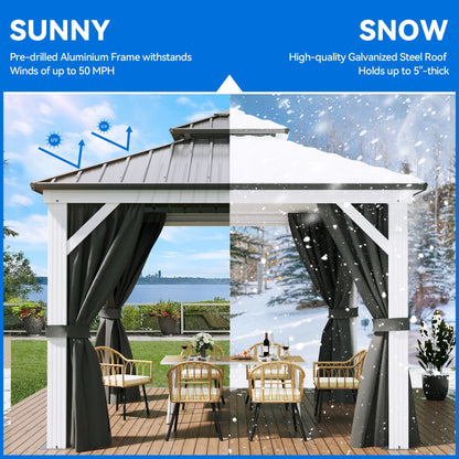 Dextrus 10x12ft Double Roof Hardtop Gazebo with Netting& Curtains, Double Galvanized Iron Aluminum Frame Outdoor White Gazebo,Ideal for Patio, Backyard,Deck and Lawns,Grey Curtain