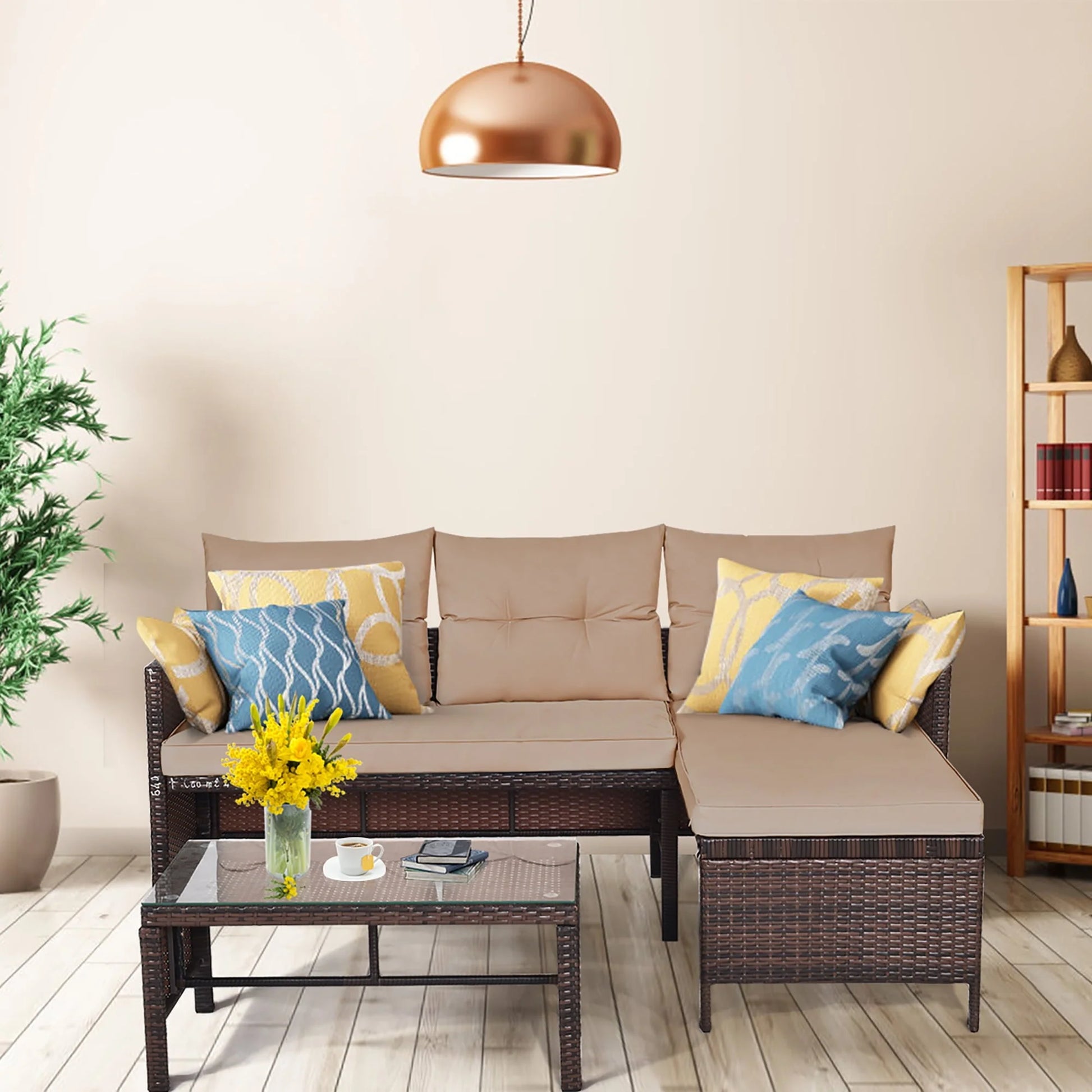 Costway 3PCS Patio Wicker Rattan Sofa Set Outdoor Sectional Conversation Set Garden Lawn Brown