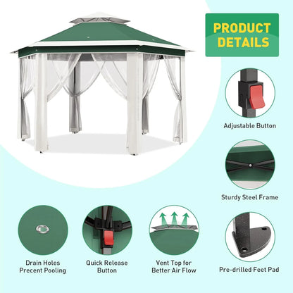 13x13 Gazebo Outdoor Canopy Shelter,Instant Patio Gazebo Sun Shade Canopy Tent with 6 Zippered Mesh Netting and Strong Steel Frame for Lawn,Garden,Backyard,Deck Party