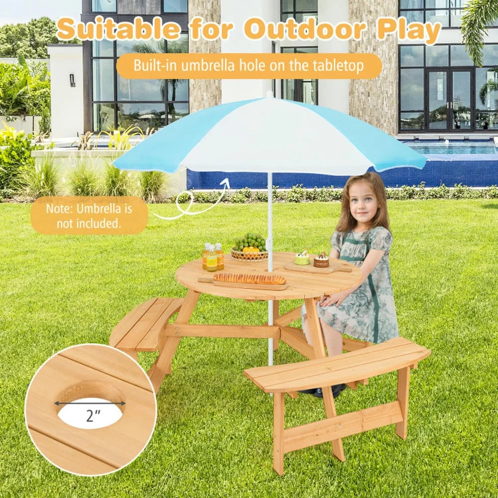 Aimee Lii Kids Outdoor Wooden Picnic Table and Bench Set with Umbrella Hole, Outdoor Patio Furniture for Pool Deck Backyard, Sturdy-Natural