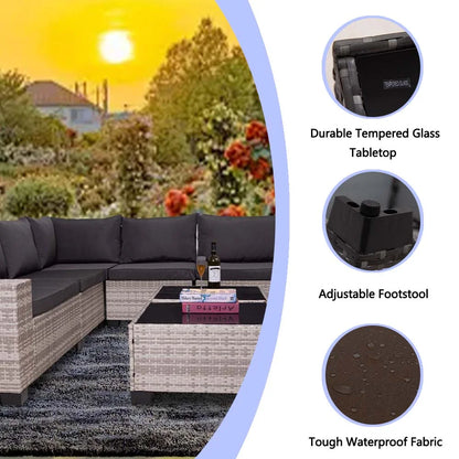 HISUKOY 7-Piece Modular Outdoor Sectional Wicker Patio Conversation Set,Outdoor Couch,All Weather Patio Conversation Sets with Washable Cushions and Glass Table, Rattan Wicker Couch for Garden