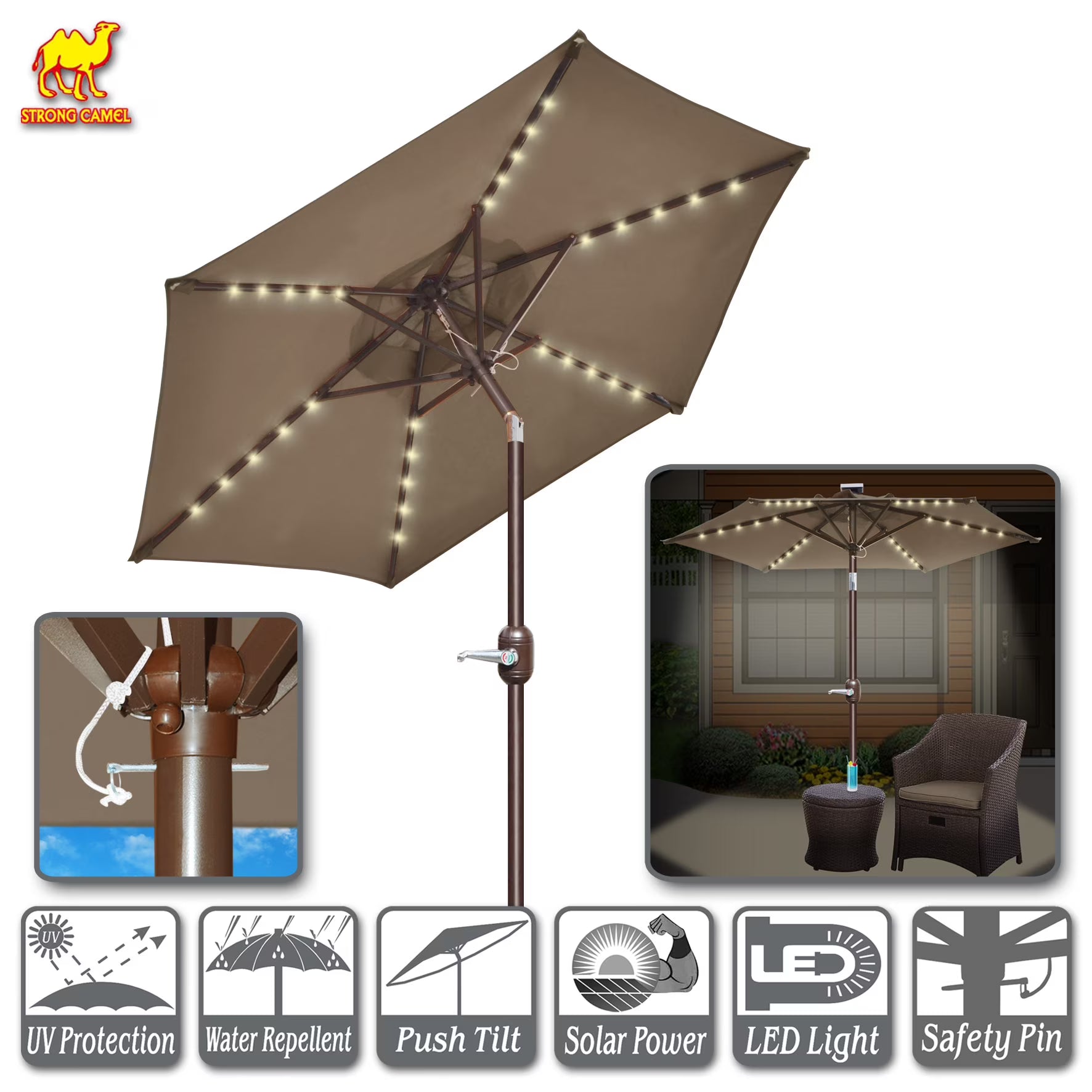 Sunny6.5ft Outdoor Patio Umbrella LED Lighted Tilt Aluminum Garden Market Balcony Sunshade