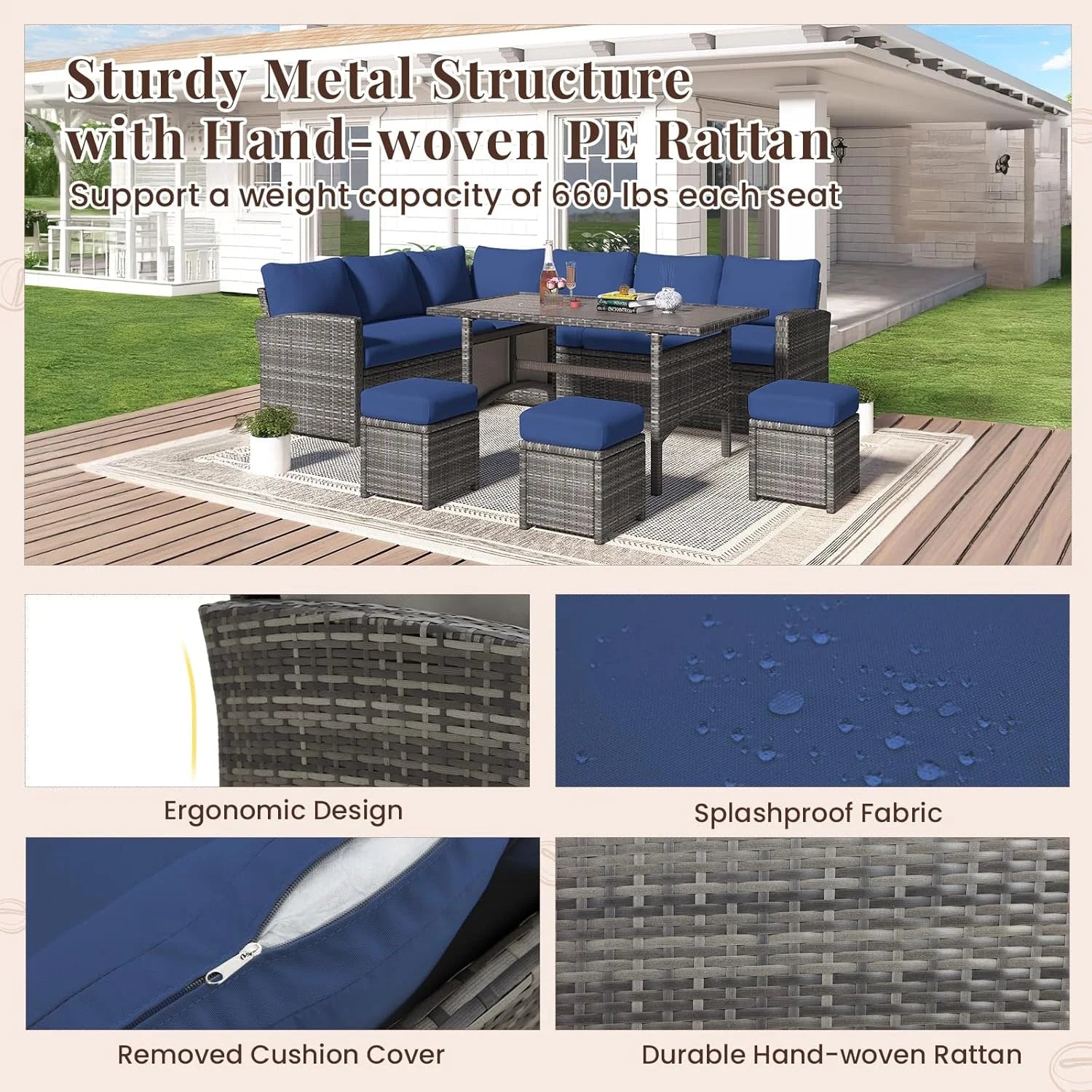 AECOJOY 7 Piece Patio Furniture Set PE Rattan Outdoor Dining Set Sectional Sofa Couch with Table Patio Conversation Set in Dark Blue