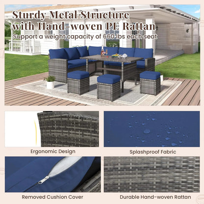AECOJOY 7 Piece Patio Furniture Set PE Rattan Outdoor Dining Set Sectional Sofa Couch with Table Patio Conversation Set in Dark Blue