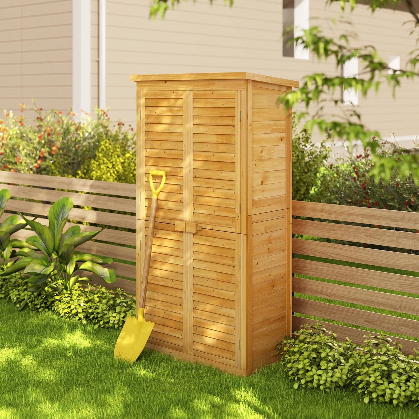 Asofer Outdoor Storage Cabinet, Garden Tool Shed with Removable Shelves & Asphalt Roof for Lawn, Patio, Natural