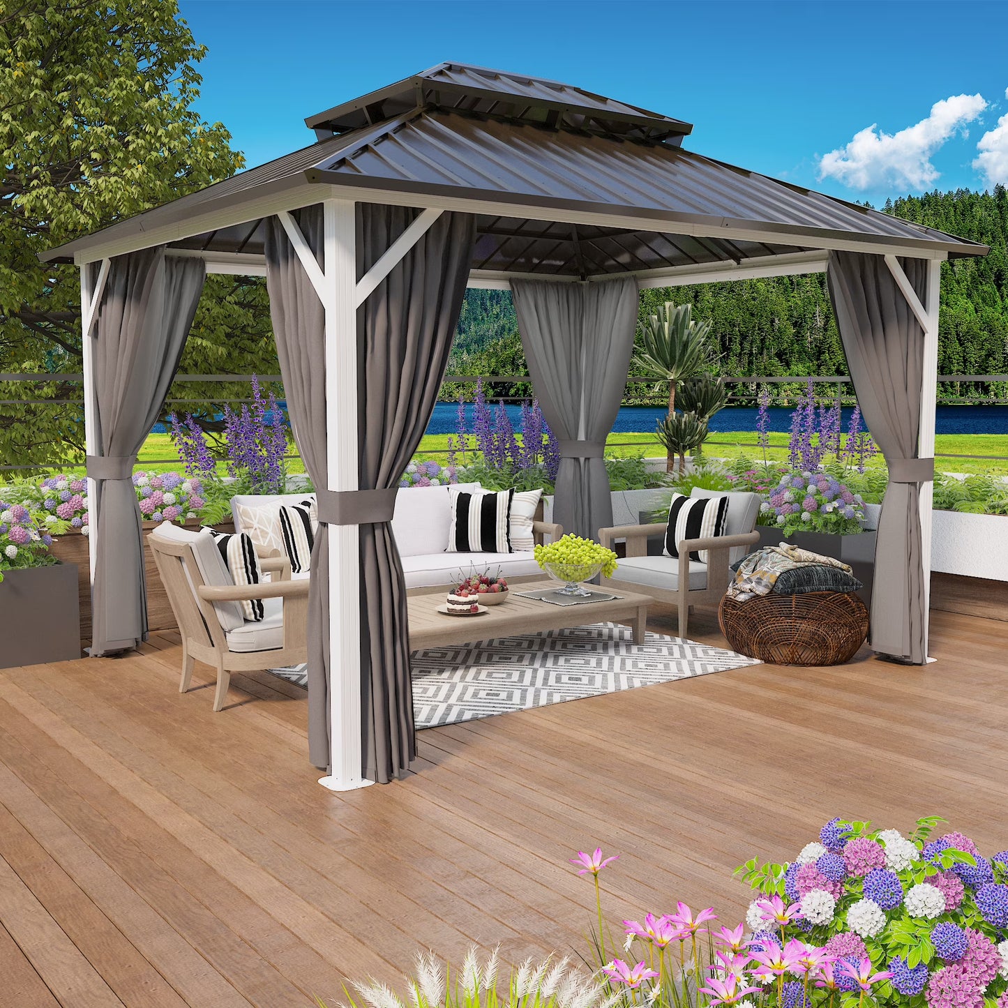 EAGLE PEAK 12x14 Outdoor Patio Hardtop Gazebo with Galvanized Steel Double Roof, Netting & Curtains