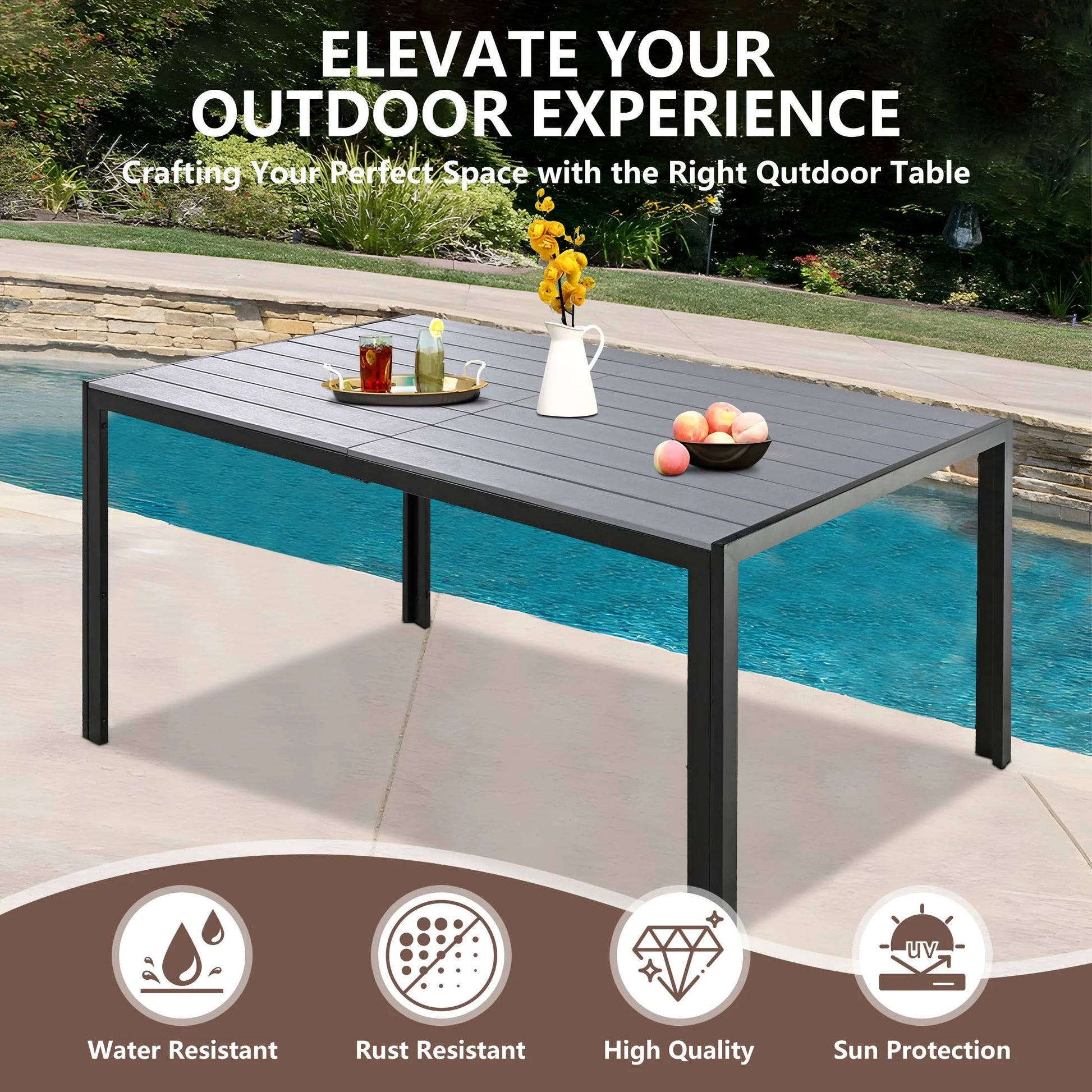 Patio Dining Set, 7PCS Outdoor Plastic-Wood Table & Textilene Chairs Set, Outdoor Furniture Dining Table Set, Garden Porch Backyard Poolside Sectional Conversation Set