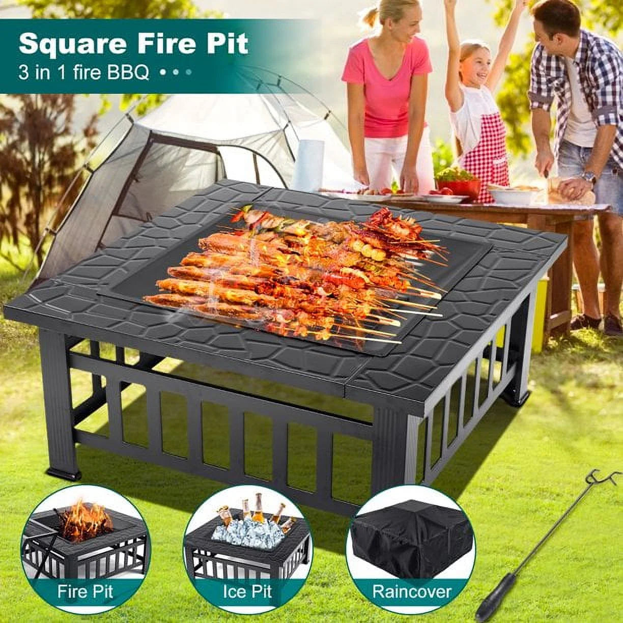 Fire Pits for Outside, DFITO 32" Wood Burning Fire Pit Tables with Screen Lid, Poker, Outdoor Fire Pit Patio Set, Patio Garden Stove Fire Pit/Ice Pit/BBQ Fire Pit, Black, GJ131