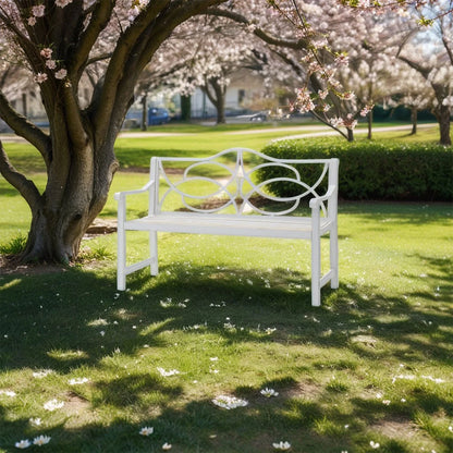 Royard Oaktree Outdoor Patio Bench, Garden Bench with Iron Metal Steel Frame, Backrest, and Armrests, Park Bench with Slatted Seat for 2-3 People for Lawn, Yard, Balcony, Porch, White