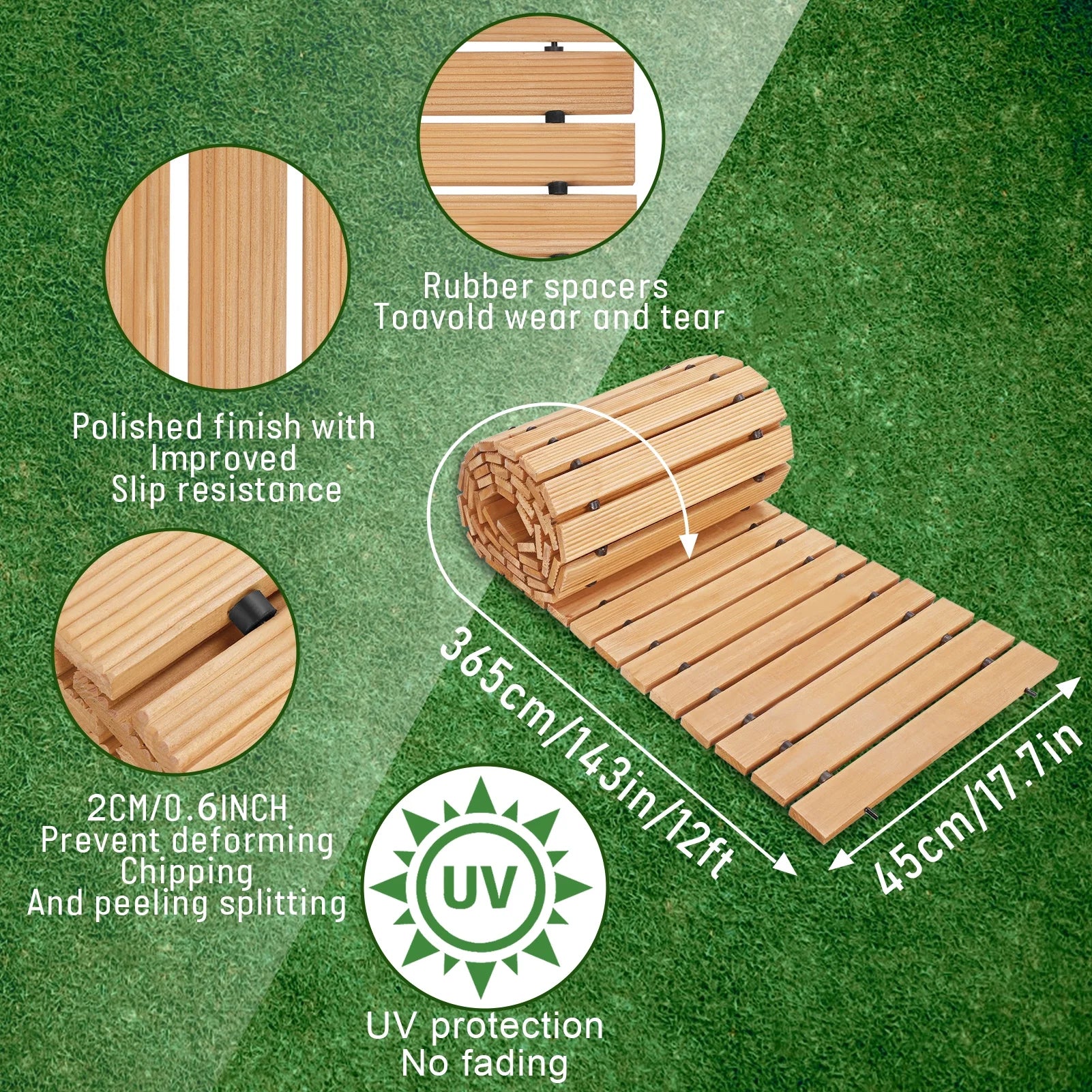 Primegos 12 ft x 45cm Garden Pathway,Wooden Garden Pathway,Outdoor Roll Out Walkway Pathway,Wooden Garden Bridge Walking Passage for Patio,Lawn,Backyard,Beach