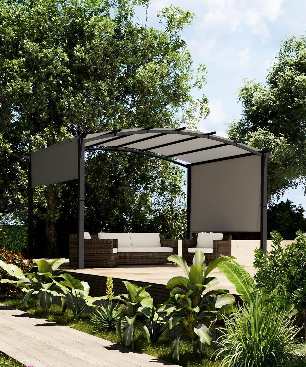Outdoor Pergola Steel Arched Pergola with Adjustable Canopy for Patio, Backyard and Garden