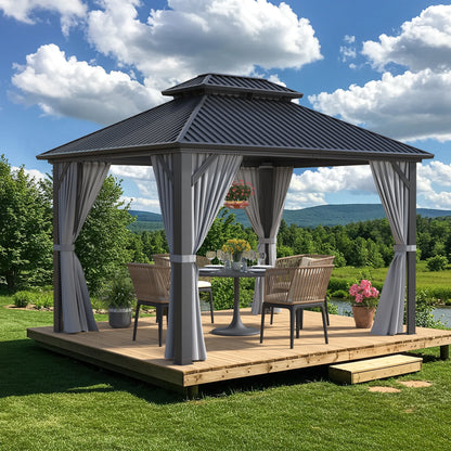 MUCHANT 10'x12' Hardtop Gazebo with Aluminum Frame, Permanent Outdoor Pavilion Metal Gazebo with Galvanized Steel Double Roof & Mosquito Netting and Curtains for Patios, Gardens, Lawns, Gray