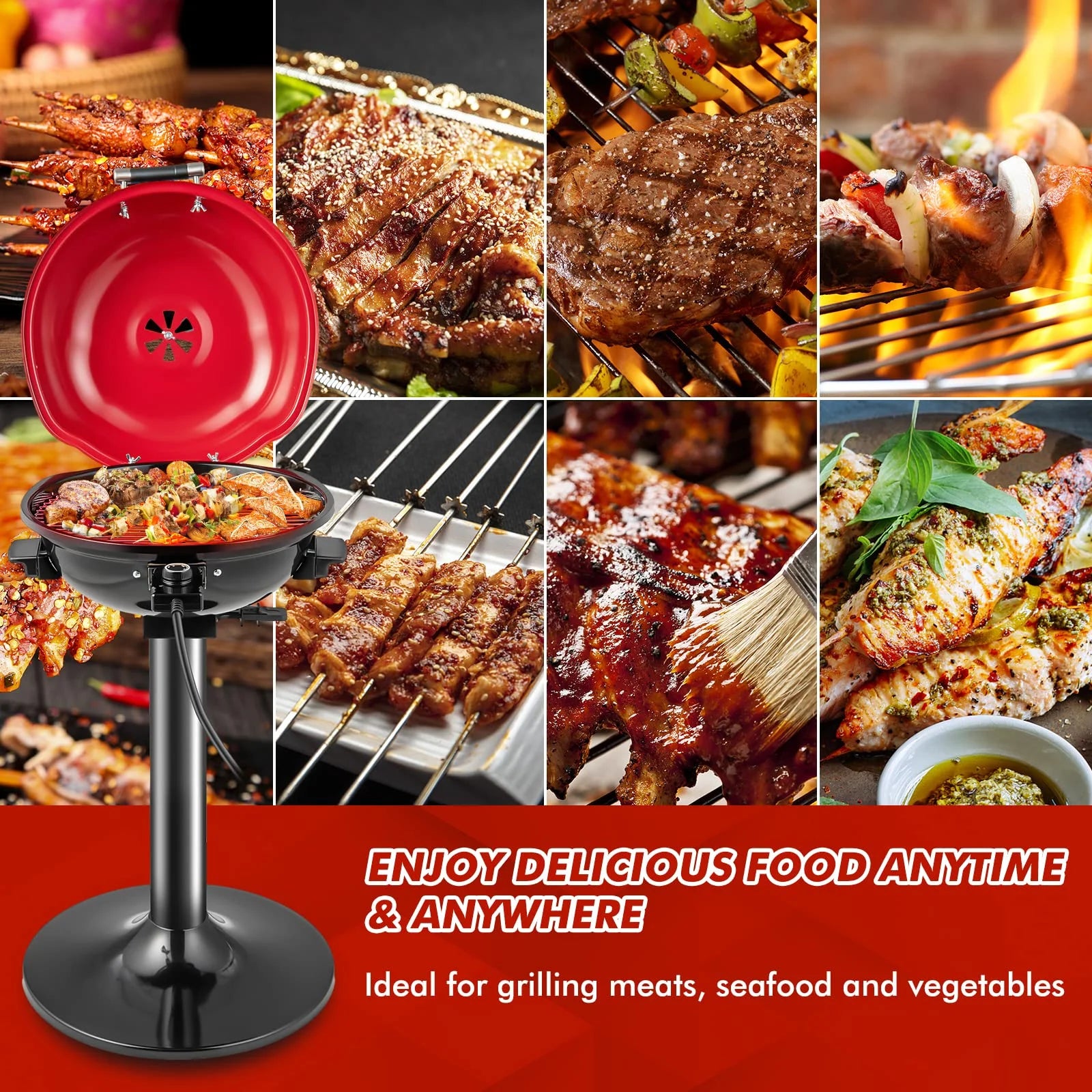 1600W Portable Electric Grill Outdoor BBQ Grill for 15-Serving, Electric Barbecue Grill for Indoor & Outdoor Use, Portable Stand BBQ Grill for Patio Balcony Kitchen Garden