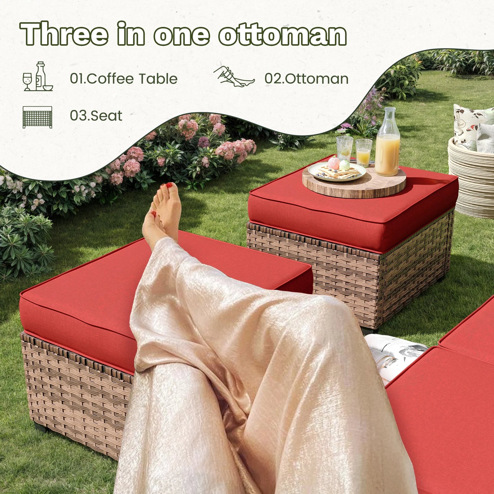 POTEBAN Patio Furniture Set, 7 Pieces Outdoor Sectional Sofa Couch with Chairs, Ottomans and Comfy Cushions, All Weather Wicker Rattan Patio Conversation Set for Garden Backyard Wine Red