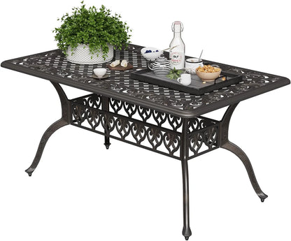 59.06" Cast Aluminum Outdoor Dining Table for 6 People, Rust-Resistant All-Weather Metal Patio Table with 2" Umbrella Hole, Heavy-Duty Garden Furniture for Deck, Backyard, Dark Bronze, Only Desk