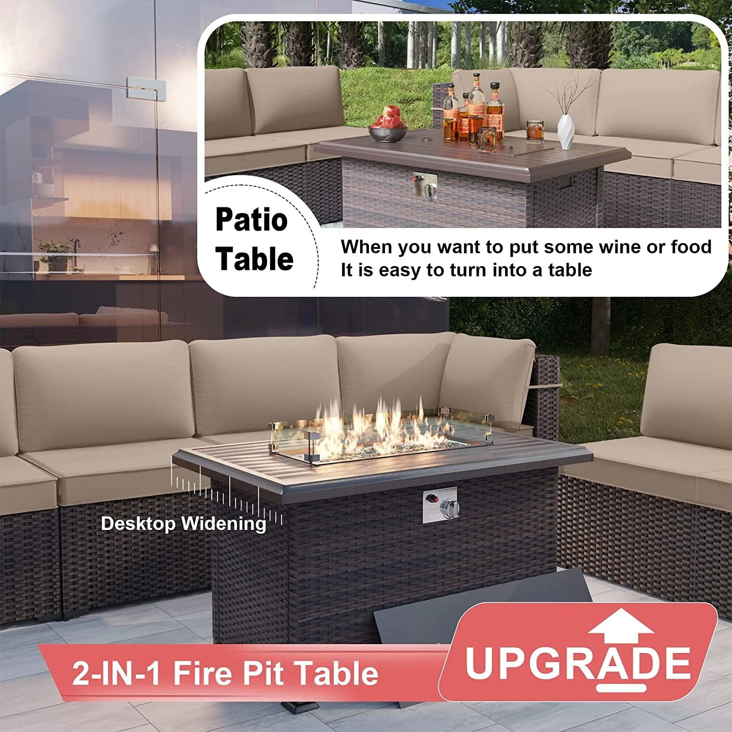 Kullavik Patio Furniture set Sectional Sofa 10 Pieces PE Rattan Wicker Patio Conversation Set w/43" Gas Fire Pit Table, Outdoor Furniture with 55000 BTU Propane Fire Pit,Sand