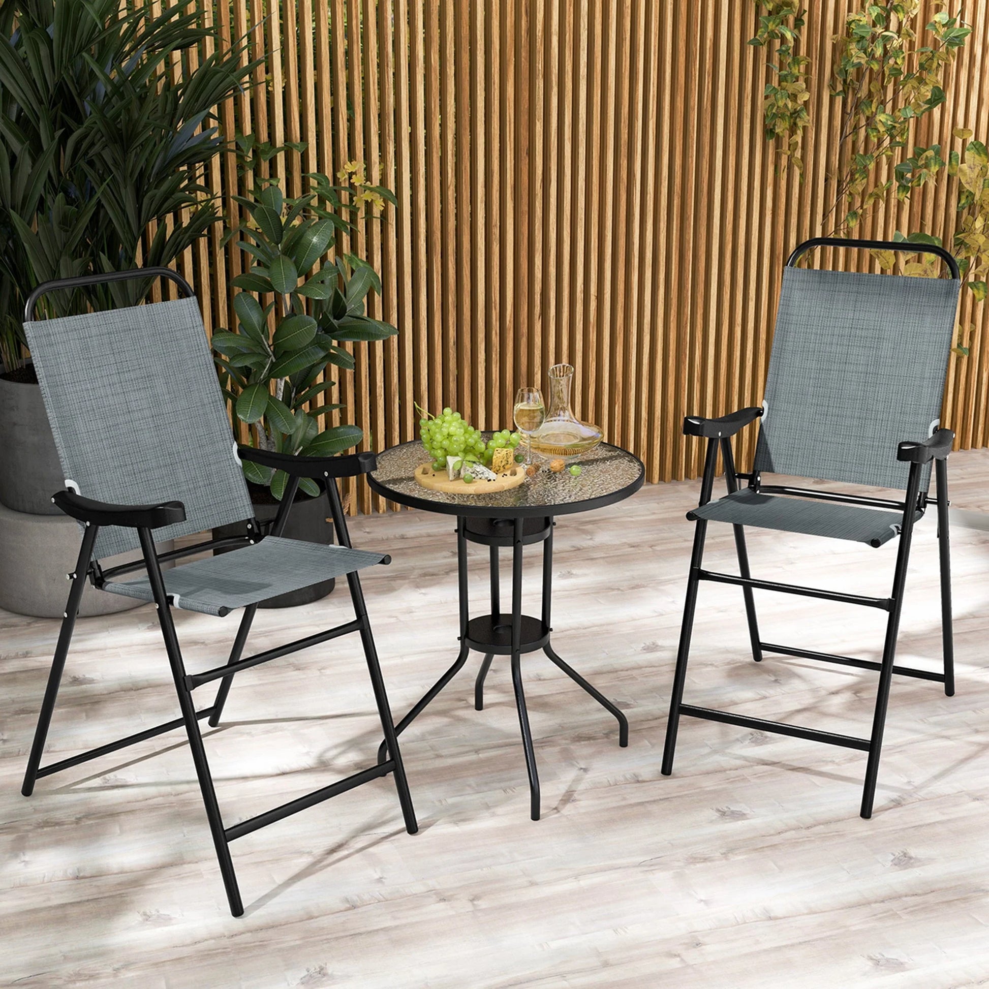 Costway 2 PCS Patio Bar Chair Folding Bar Height Metal Frame with Footrest Garden Blue