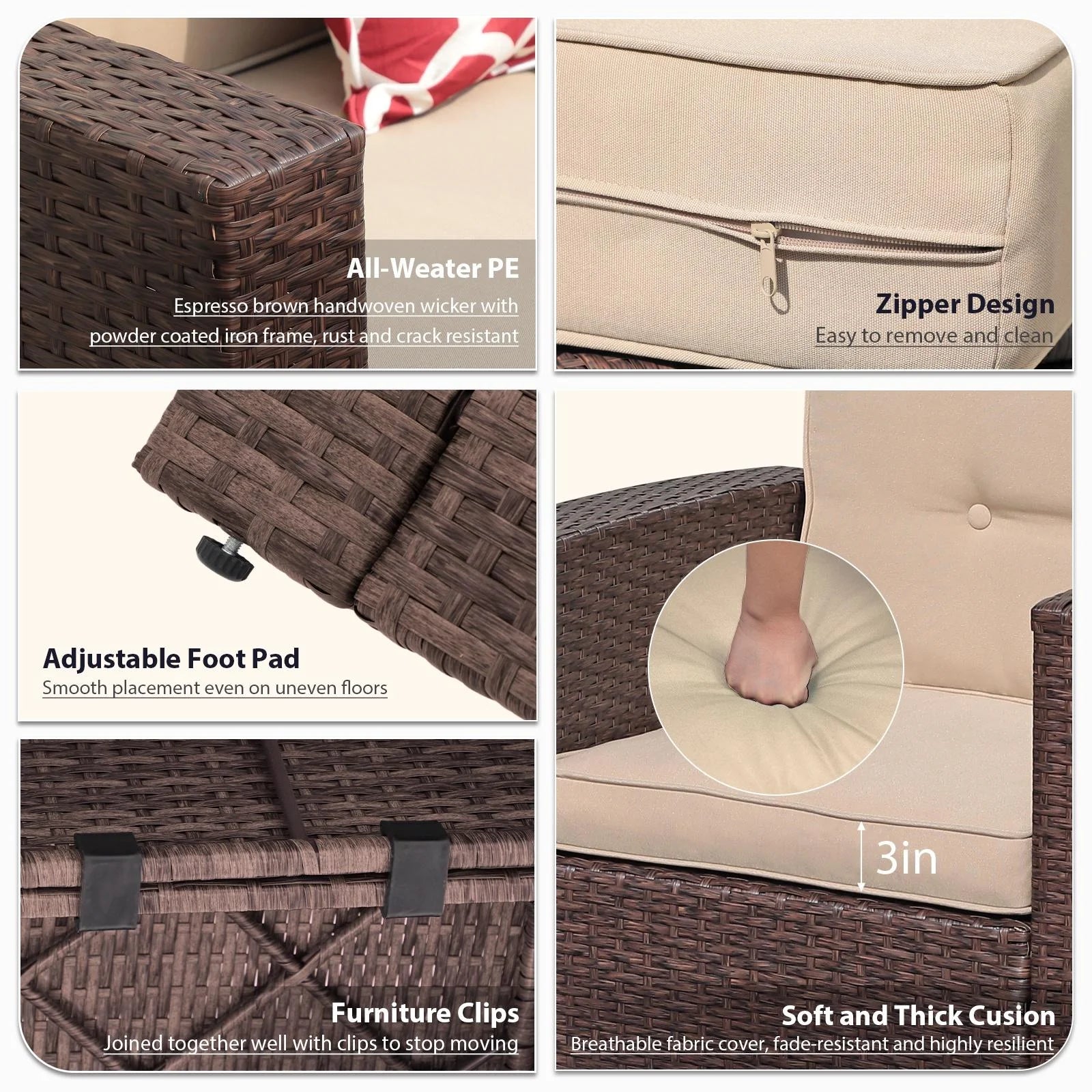 JOIVI 8 Pc Outdoor Furniture Set with Storage Box, Wicker Rattan Patio Conversation Set with Sectional Sofa Couch for 6 People, Espresso Brown