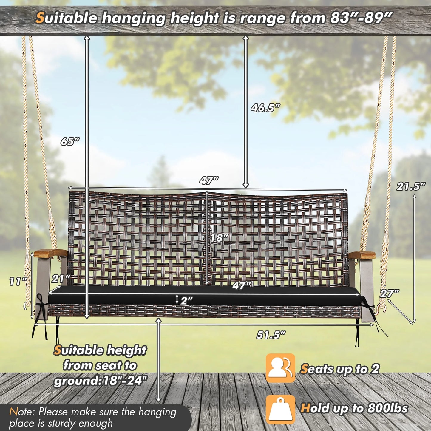 Costway 2-Person Patio Rattan Hanging Swing Chair Porch Loveseat Cushion Black