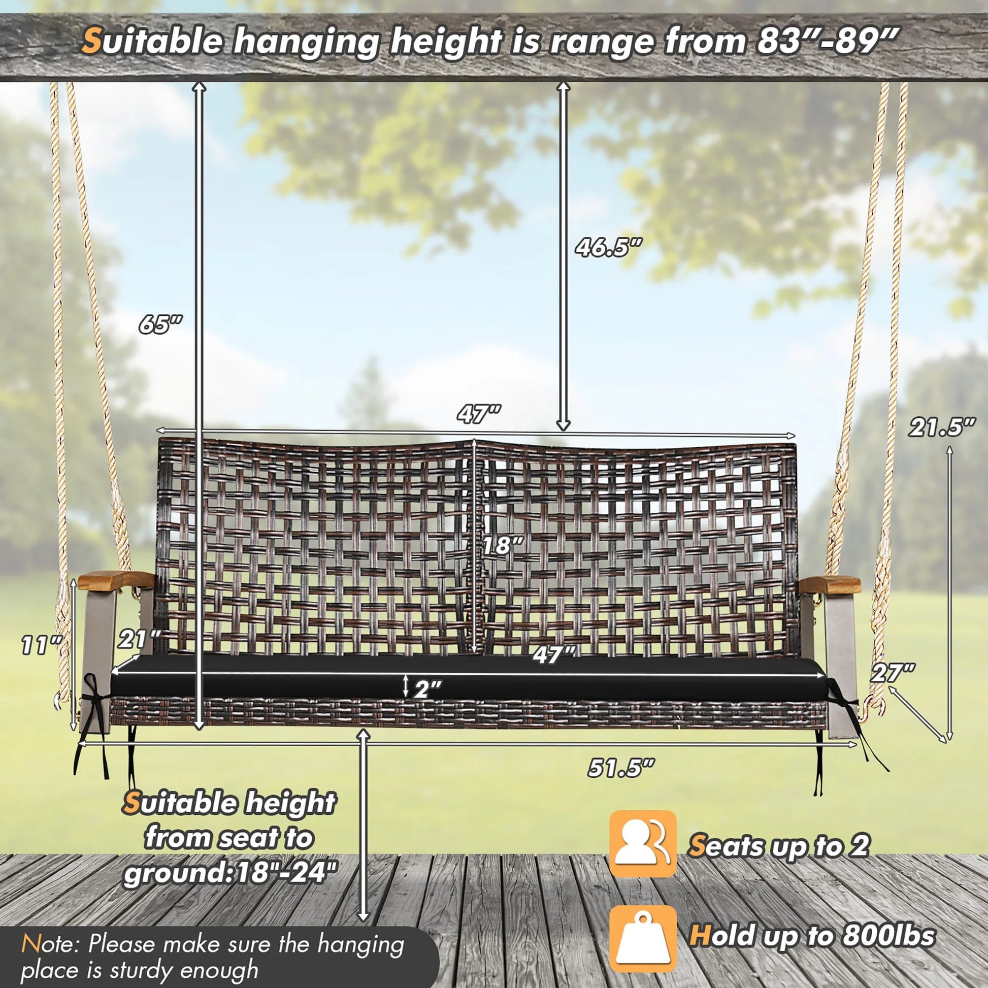 Costway 2-Person Patio Rattan Hanging Swing Chair Porch Loveseat Cushion Black