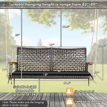 Costway 2-Person Patio Rattan Hanging Swing Chair Porch Loveseat Cushion Black
