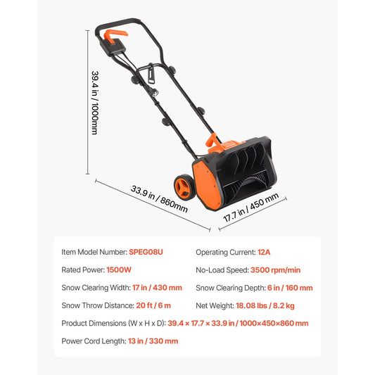 WRTHN 17 in Electric Snow Blower 12A Motor Snow Shovel, 20 ft Throw Distance, 6 in Deep, Adjustable 60? Chute, Lightweight Snow Thrower for Driveways, Sidewalks & Patios