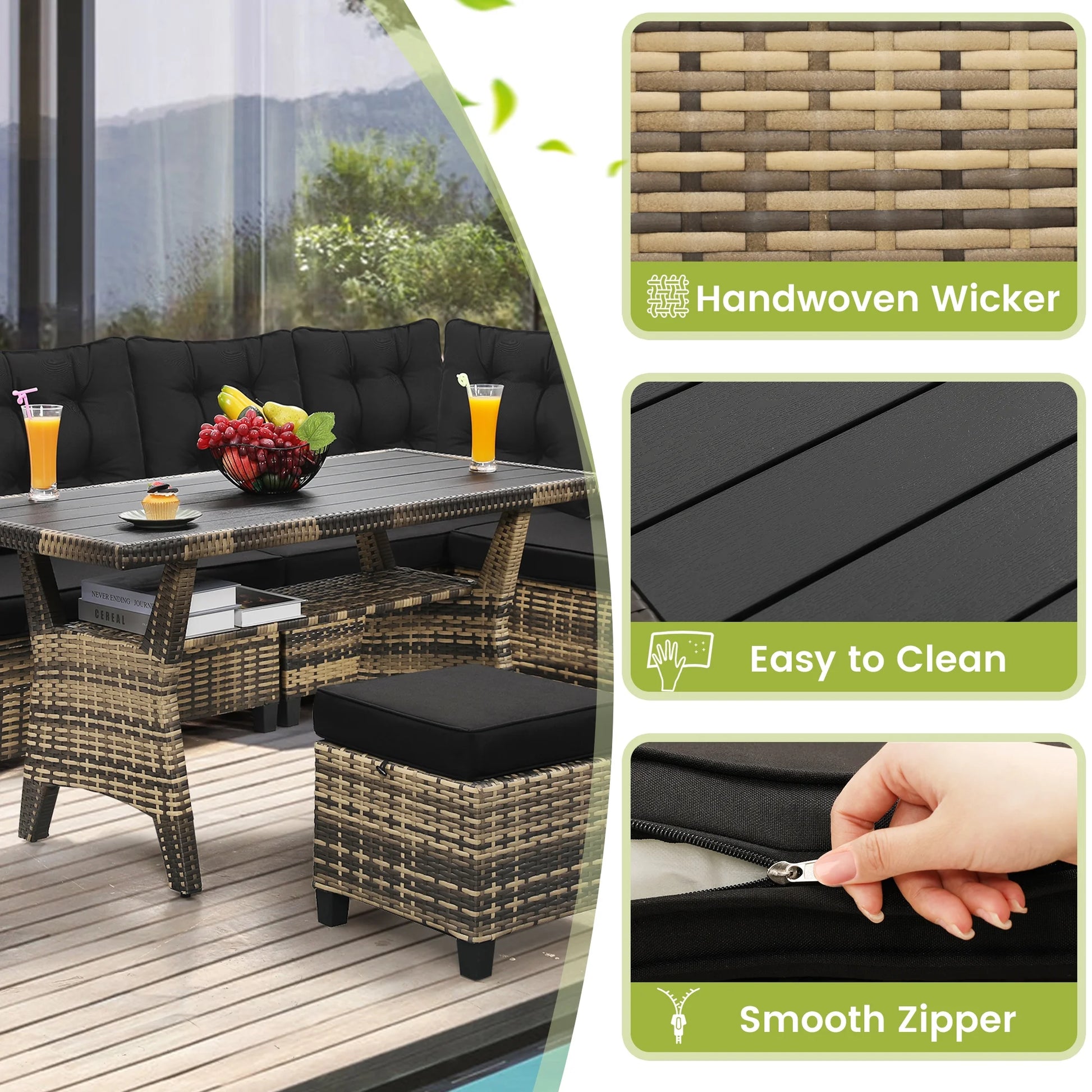 LOGYAT 6 Piece All Weather Outdoor Sectional Set, with 2 Sofas, 2 Ottomans with 1 Table, Patio Conversation Furniture for Deck, Garden, Natural Wicker and Black Cushions