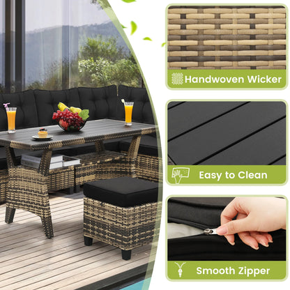 LOGYAT 6 Piece All Weather Outdoor Sectional Set, with 2 Sofas, 2 Ottomans with 1 Table, Patio Conversation Furniture for Deck, Garden, Natural Wicker and Black Cushions