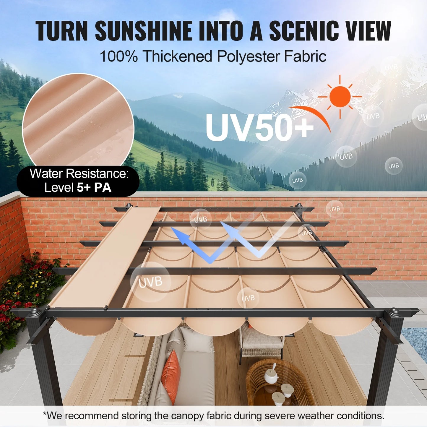 KFFKFF 10'x10' Aluminum Patio Pergola, Retractable Sun Shade Canopy, Ideal for Outdoor Gardens, Decks, and Backyards - Beige