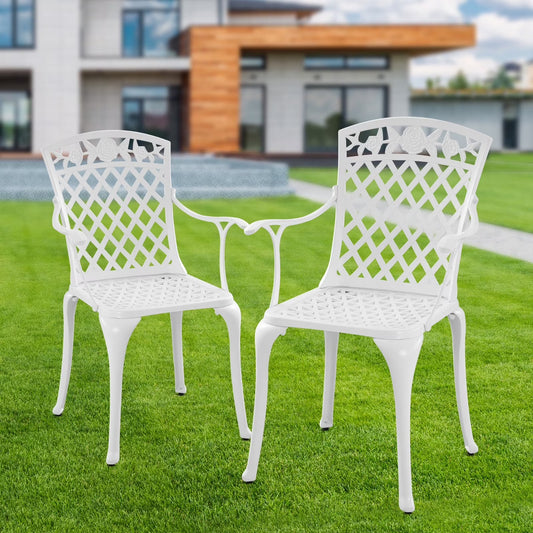 Withniture Cast Aluminum Patio Furniture Outdoor Chairs Patio Bistro Chair Set of 2 with Armrest, Metal Chair for Garden, White