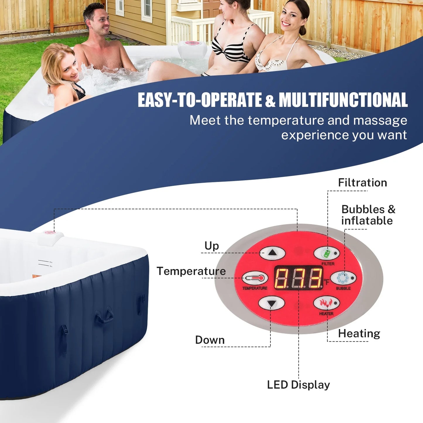 Hot Tub for 4-6 Person, Seizeen Outdoor Patio Large Inflatable Hot Tub Home SPA, with 130pcs Massage Jets, 910L, 4 Filters, 2 Cup Holders, Lockable Cover, Storage Bag, Max 104° F, 73in, Navy