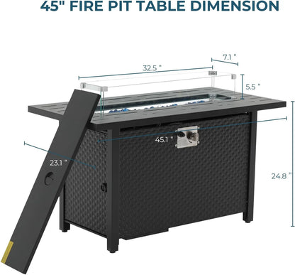 Simenmax 45'' Propane Fire Pit Table, 50,000 BTU Square Outdoor Gas Firepit with Steel Tabletop, Glass Wind Guard, Blue Glass Stone and Waterproof Cover for Garden, Patio, Deck, Yard