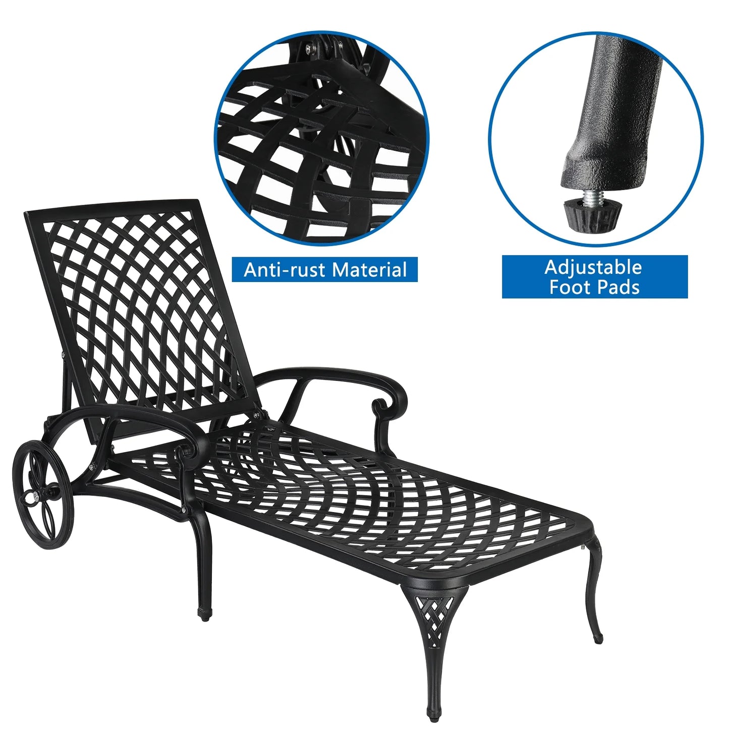 Zimtown Cast Aluminum Lounge Chair Adjustable Patio Recliner, Patio Chaise Chair, Heavy Duty Lying Bed for Garden, Poolside, Yard, Lawn, Black