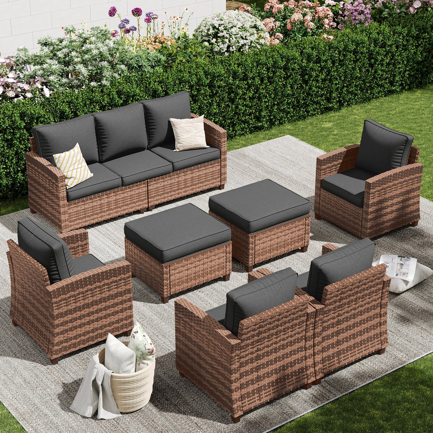 POTEBAN Patio Furniture Set, 7 Pieces Outdoor Sectional Sofa Couch with Chairs, Ottomans and Comfy Cushions, All Weather Wicker Rattan Patio Conversation Set for Garden Backyard Wine Red