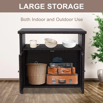 Kinbor Outdoor Wicker Storage Cabinet, Patio Bar Tables with Two Doors & Shelves, Weatherproof Storage Console Table, Dark Brown