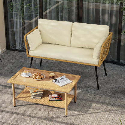Uforic Outdoor Wicker Loveseat with Cushions and Rattan Side Table, All-Weather 2 Pieces Bistro Patio Conversation Furniture Set -Beige