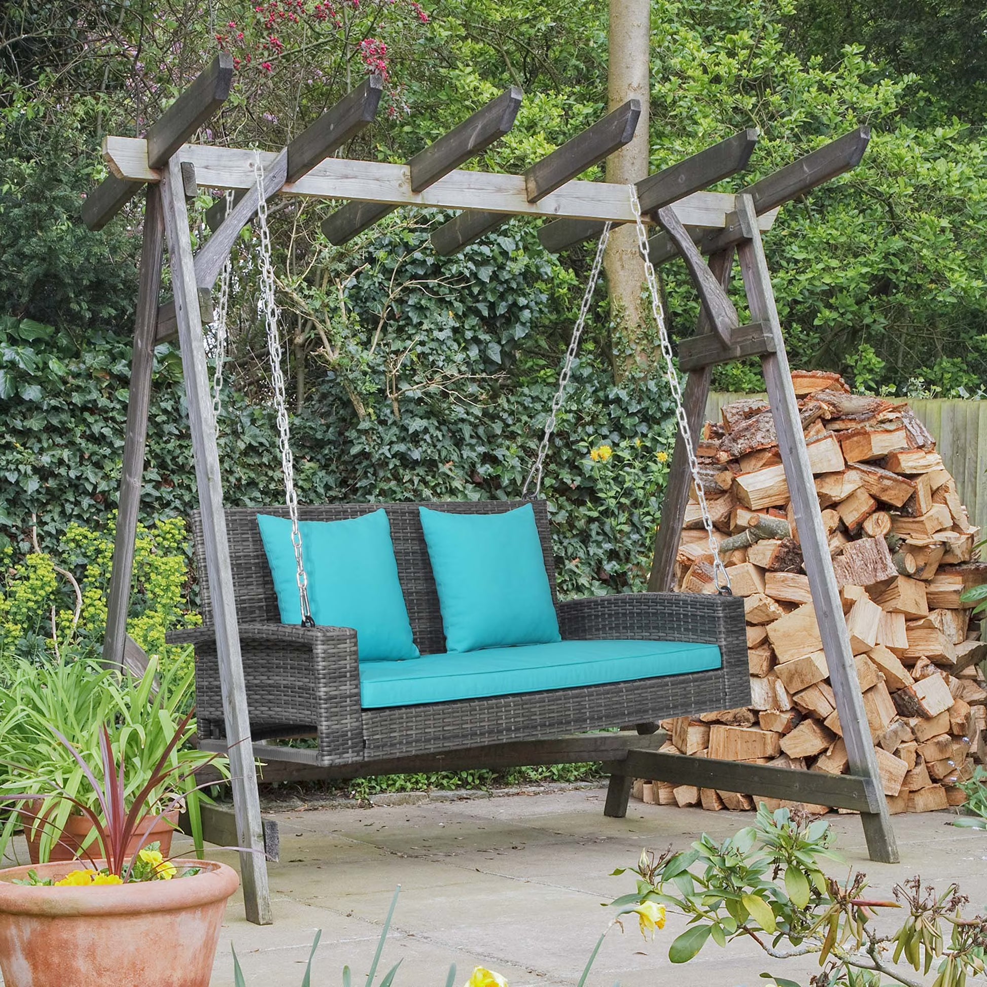 Gymax Fashion 2-Person Patio Hanging Porch Swing Rattan 800LBS Swing Bench w/Turquoise Cushions