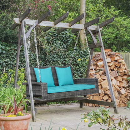 Gymax Fashion 2-Person Patio Hanging Porch Swing Rattan 800LBS Swing Bench w/Turquoise Cushions