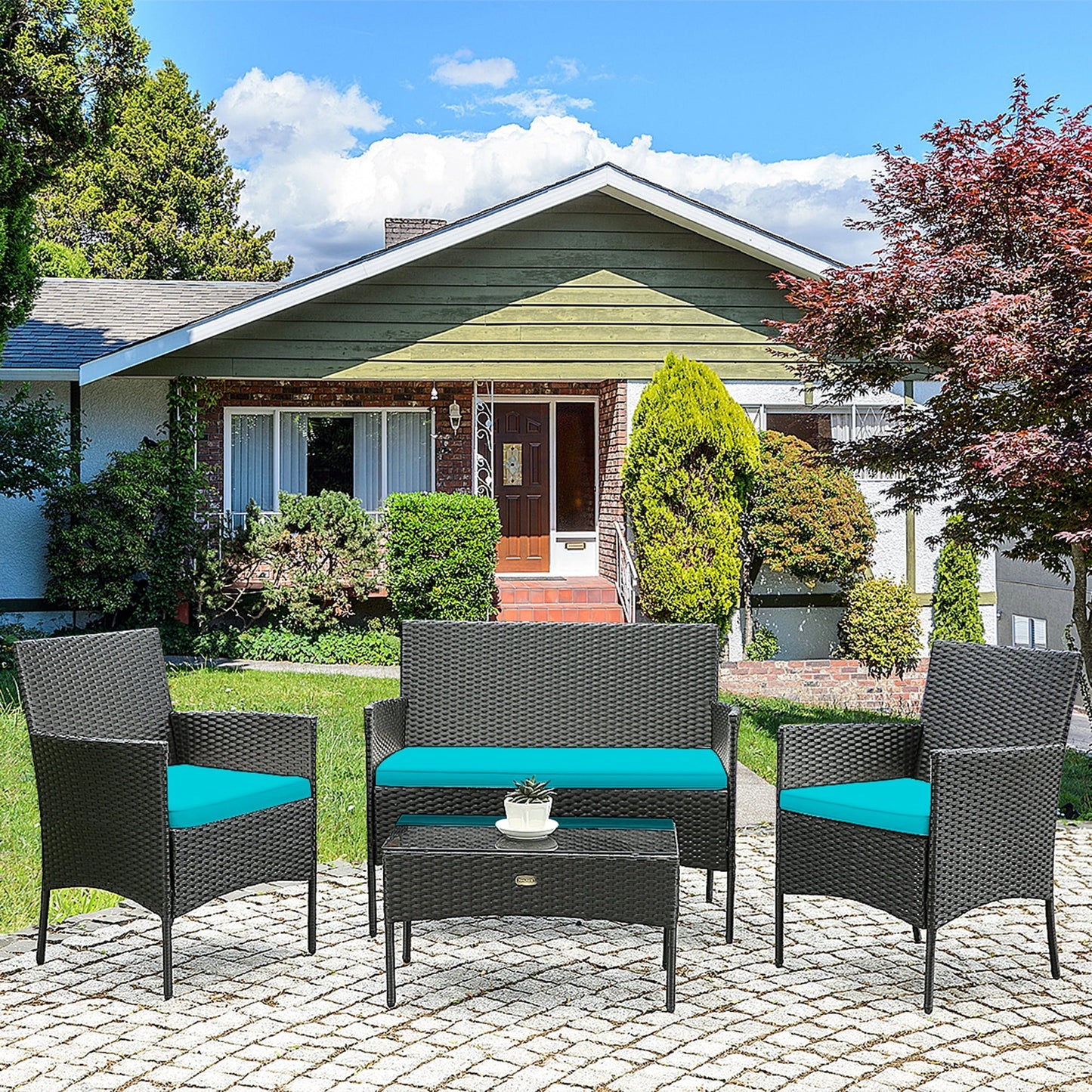 Gymax 4PCS Outdoor Furniture Set Patio Rattan Conversation Set w/Turquoise Cushion