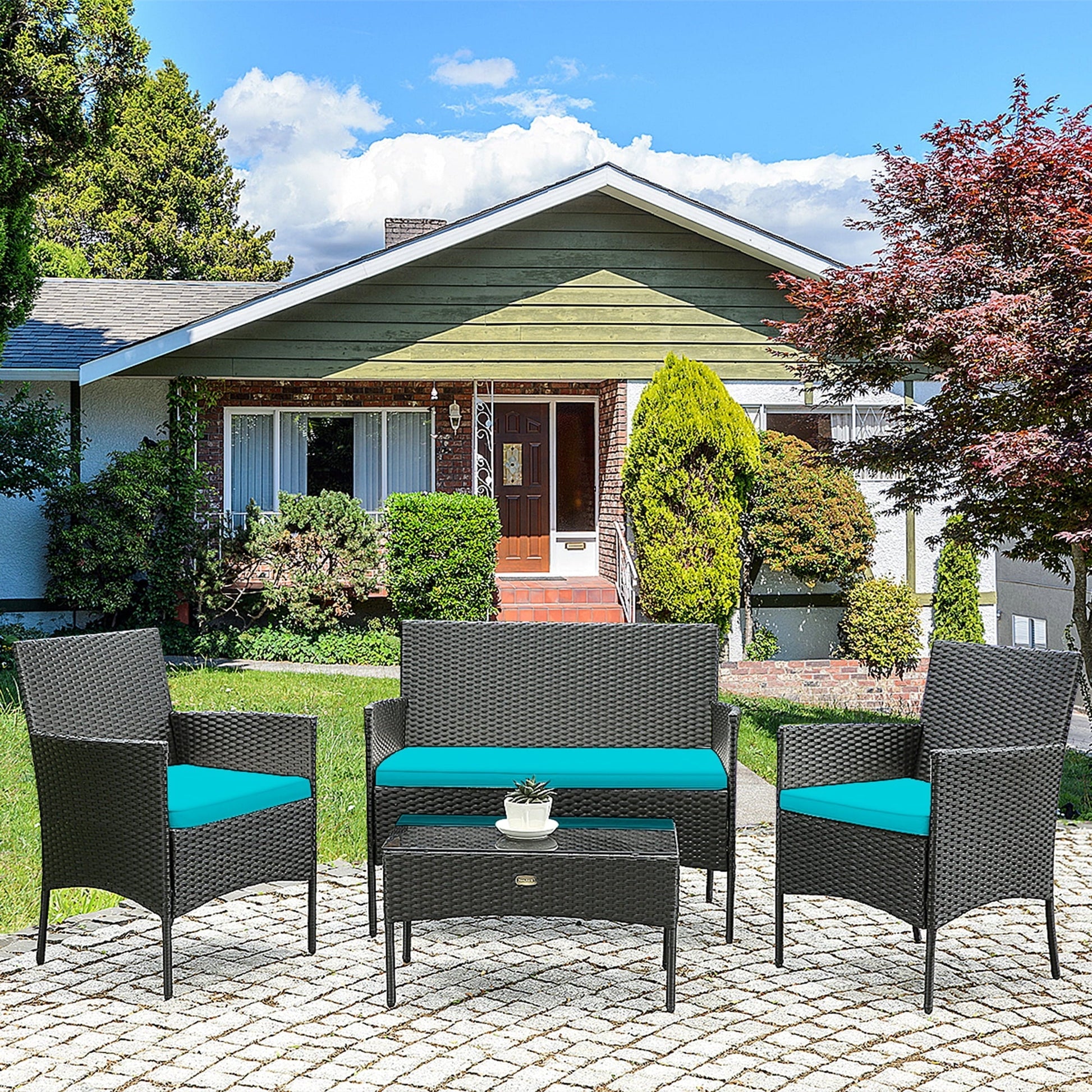 Gymax 4PCS Outdoor Furniture Set Patio Rattan Conversation Set w/Turquoise Cushion