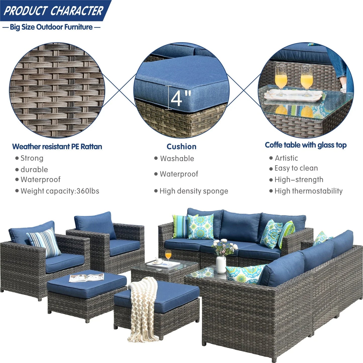 Ovios 12 Pieces Outdoor Patio Furniture Set All-Weather Patio Conversation Set Wicker Outdoor Sofa Aluminum